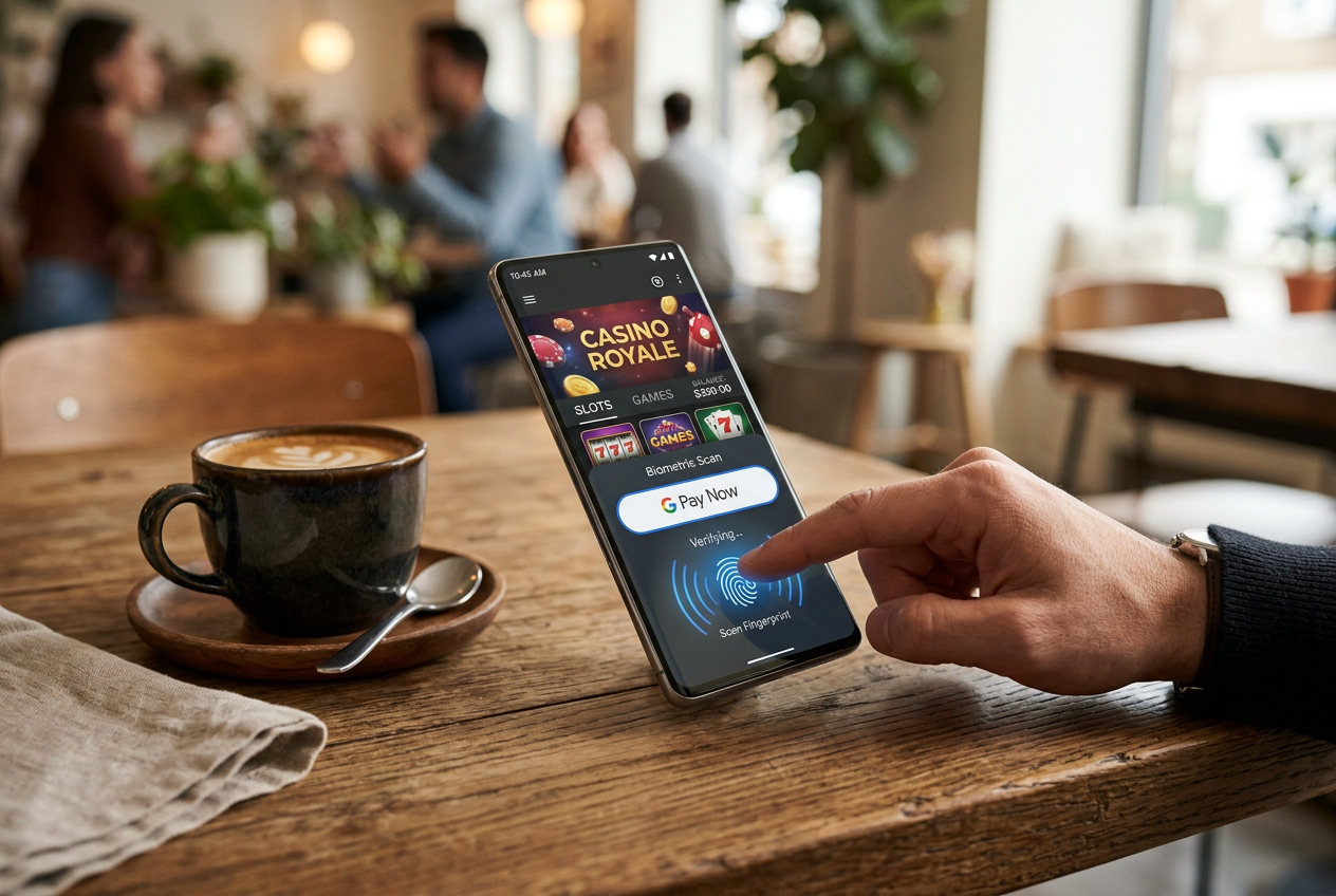 Smartphone displaying a secure Google Pay transaction on a casino site.