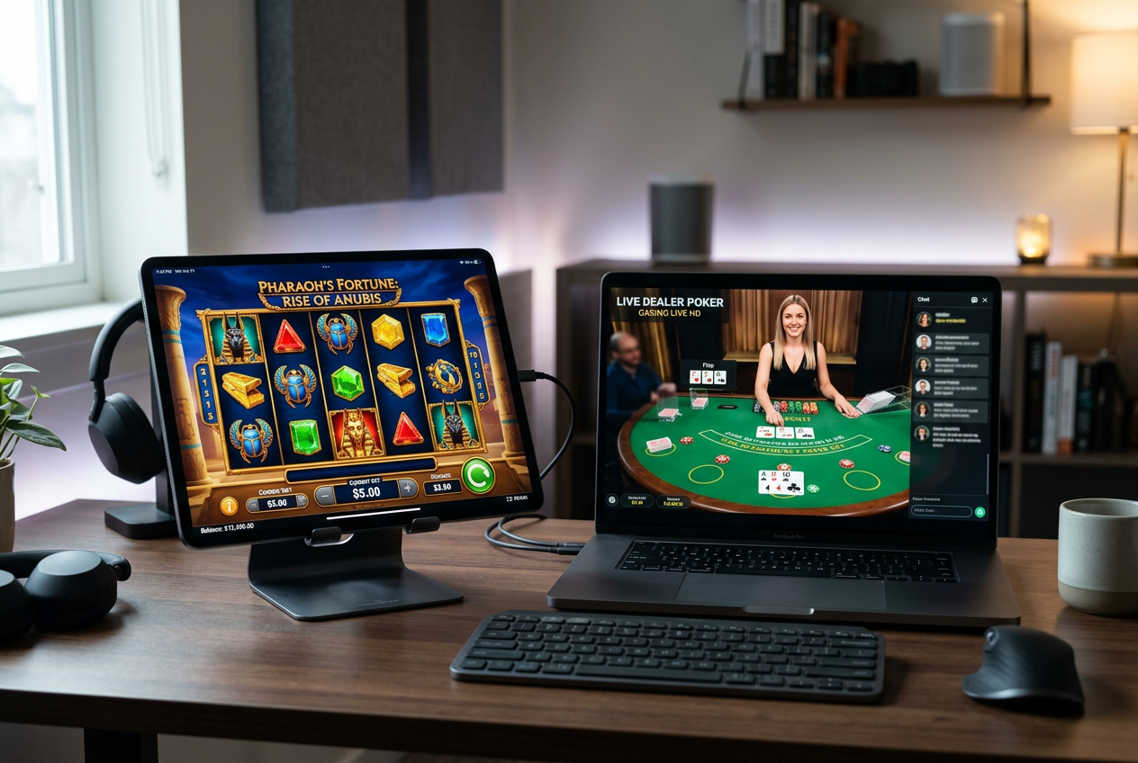 Ekrany laptopa i tabletu z grami kasynowymi 3D